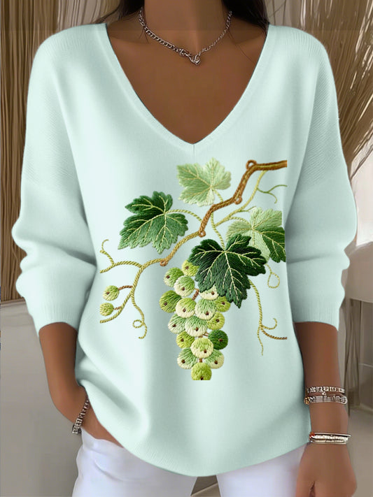 Γυναικείο ευρωπαϊκό στυλ ανοιχτό πράσινο V-λαιμό πουλόβερ με δροσιστικό κέντημα σταφυλιών, κομψό και μαλακό, ενίσχυση της υφής της καθημερινής φθοράς