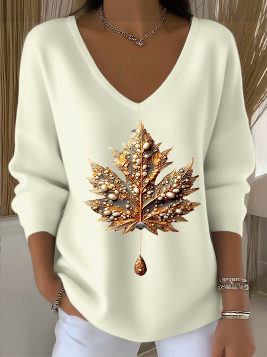 Γυναικείο ευρωπαϊκό στυλ μπεζ V-λαιμό πουλόβερ, συνδυασμένο με φύλλα κεντήματα, μοντέρνο ιδιοσυγκρασία, κατάλληλο για καθημερινή φθορά