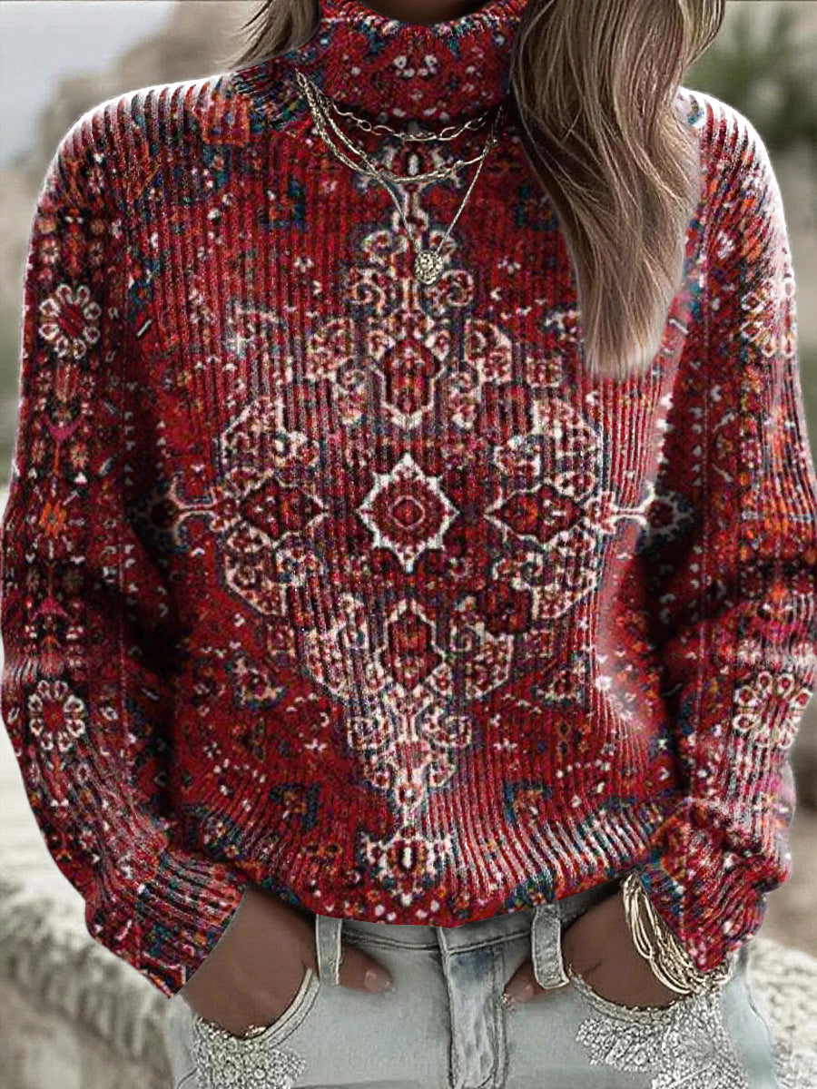 Γυναικείο βαθύ κόκκινο παραδοσιακό μοτίβο ψηλό λαιμό jumper.