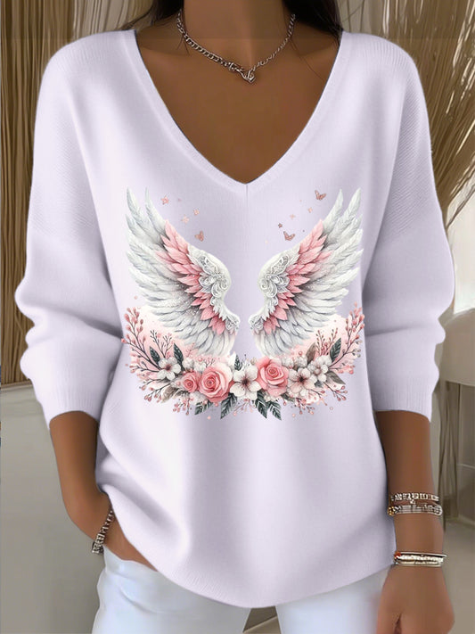 Γυναικεία υπέροχη ελαφρύ μωβ V - λαιμό Φουτάκι με φτερά αγγέλου και λουλούδια εκτύπωση