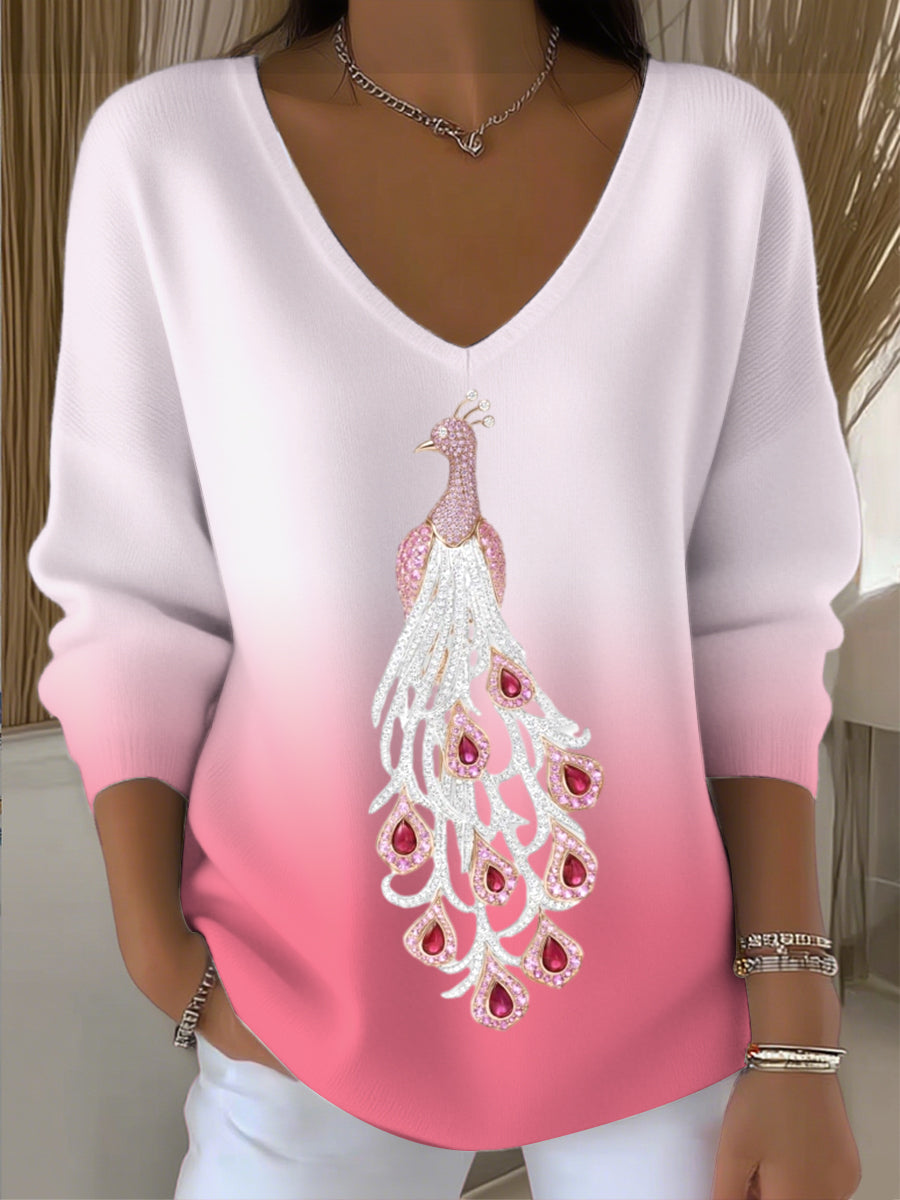 Γυναικείο γυναικείο ροζ βαθμολογία V - λαιμό Φούτερ με παγώνια