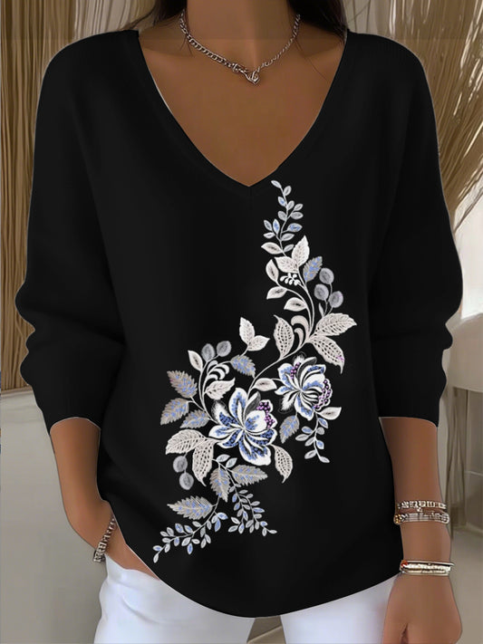 Γυναικεία κομψό μαύρο V - λαιμό Φούτερ με λουλούδια κεντήματος