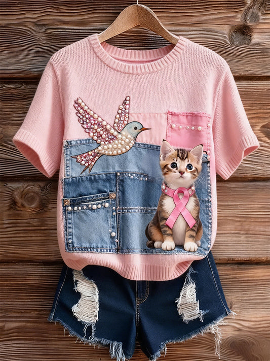 Γυναικείο καλλιτεχνικό ζώο εκτύπωση άνετο πλεκτό κοντό μανίκι κορυφού