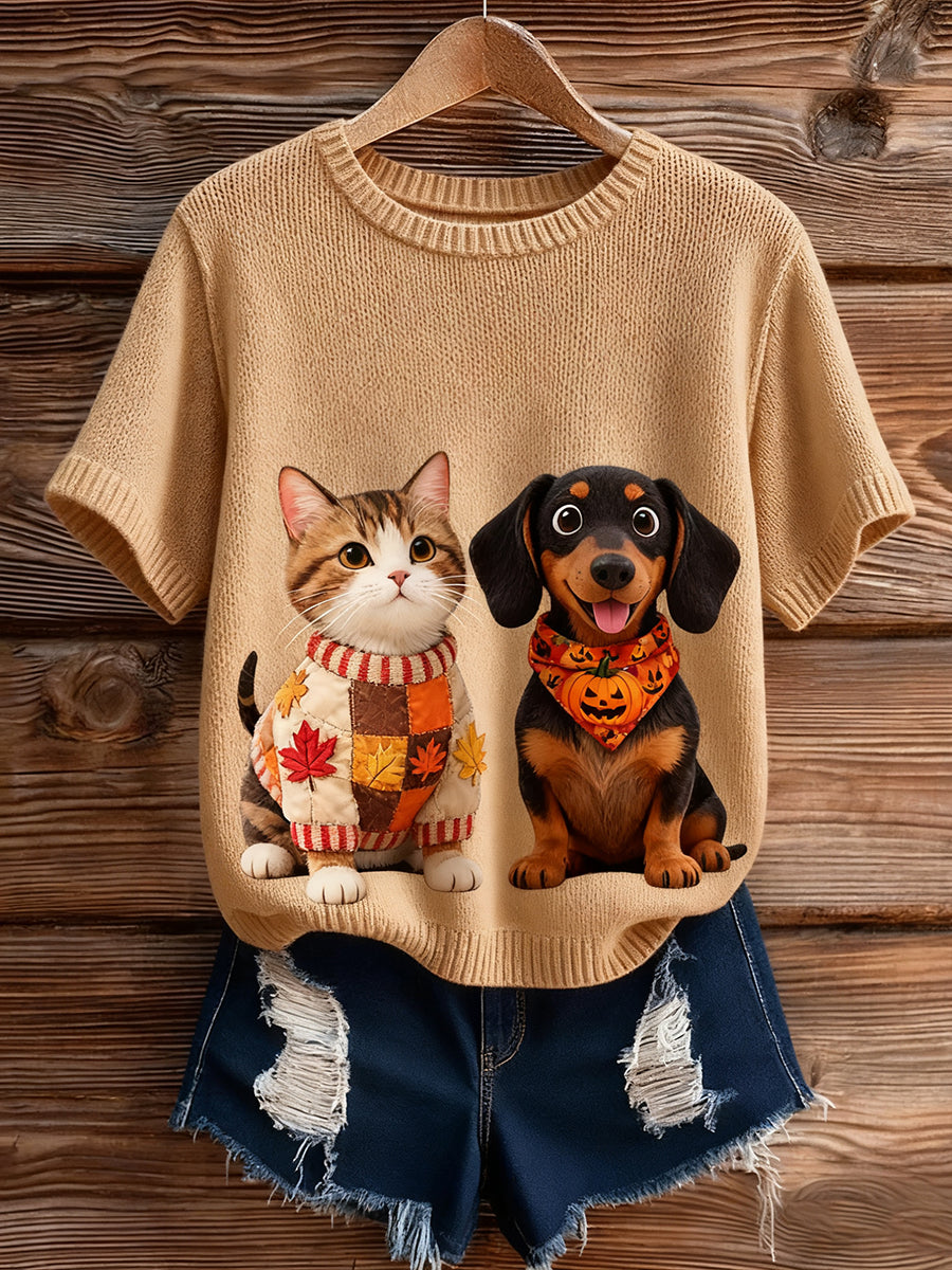 Γυναικείο καλλιτεχνικό ζώο εκτύπωση άνετο πλεκτό κοντό μανίκι κορυφού