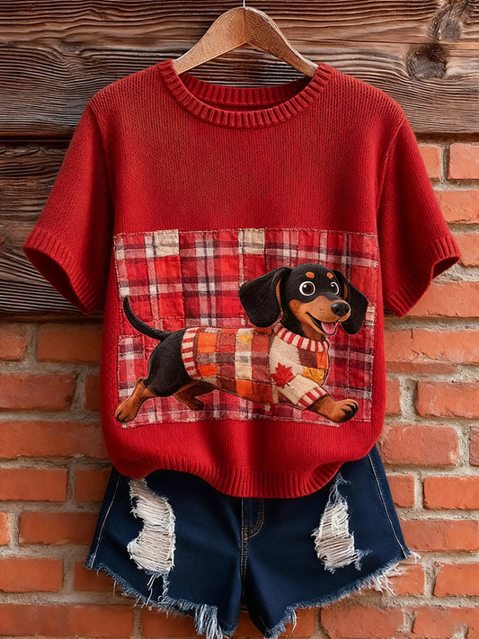 Γυναικείο καλλιτεχνικό ζώο εκτύπωση άνετο πλεκτό κοντό μανίκι κορυφού