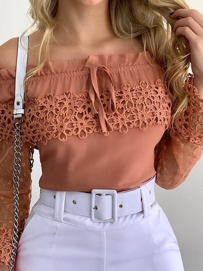 Γυναικείο ρετρο ροζ ώμος κενό δαντέλα κορυφαίο κορυφή