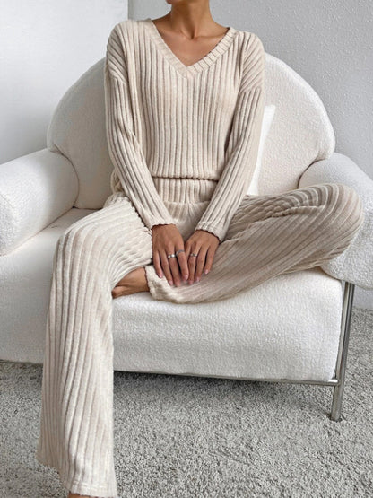 Γυναικείο μόδα V-λαιμό πλεκτά παντελόνια πλεκτά σετ ευθείας πόδις