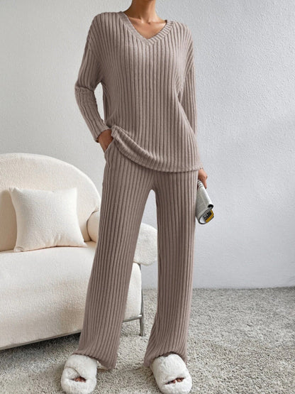 Γυναικείο μόδα V-λαιμό πλεκτά παντελόνια πλεκτά σετ ευθείας πόδις