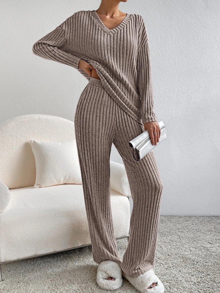 Γυναικείο μόδα V-λαιμό πλεκτά παντελόνια πλεκτά σετ ευθείας πόδις