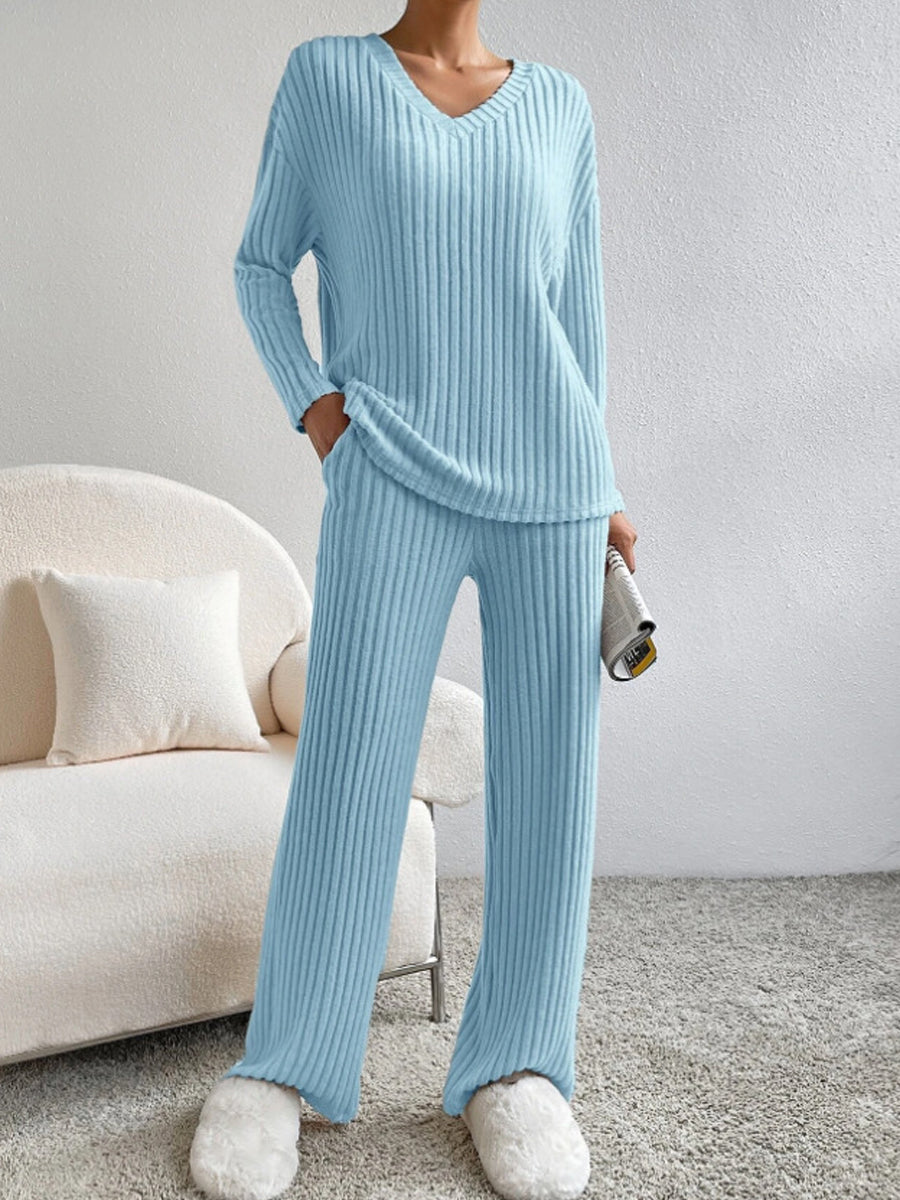 Γυναικείο μόδα V-λαιμό πλεκτά παντελόνια πλεκτά σετ ευθείας πόδις