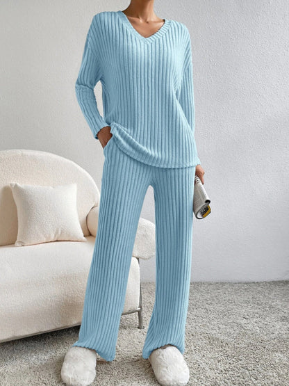 Γυναικείο μόδα V-λαιμό πλεκτά παντελόνια πλεκτά σετ ευθείας πόδις