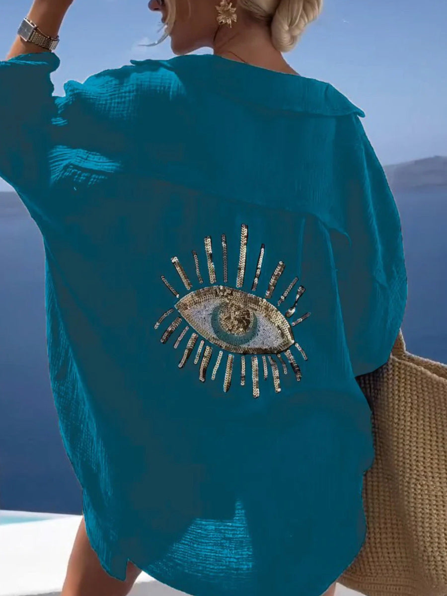 Γυναικείο μοντέλο Casual βαμβάκι-Linen μείγμα μακρύ μανίκι πουκάμιση