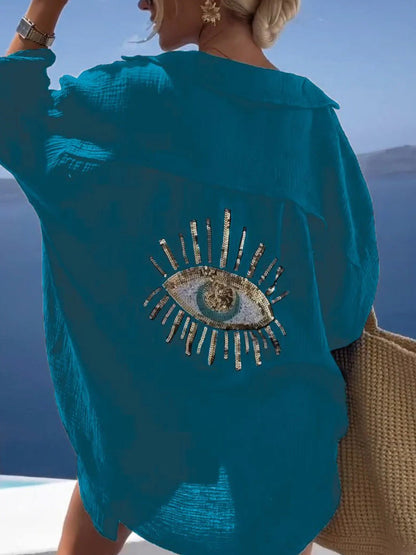 Γυναικείο μοντέλο Casual βαμβάκι-Linen μείγμα μακρύ μανίκι πουκάμιση