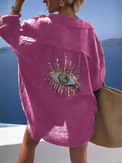 Γυναικείο μοντέλο Casual βαμβάκι-Linen μείγμα μακρύ μανίκι πουκάμιση