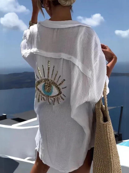 Γυναικείο μοντέλο Casual βαμβάκι-Linen μείγμα μακρύ μανίκι πουκάμιση