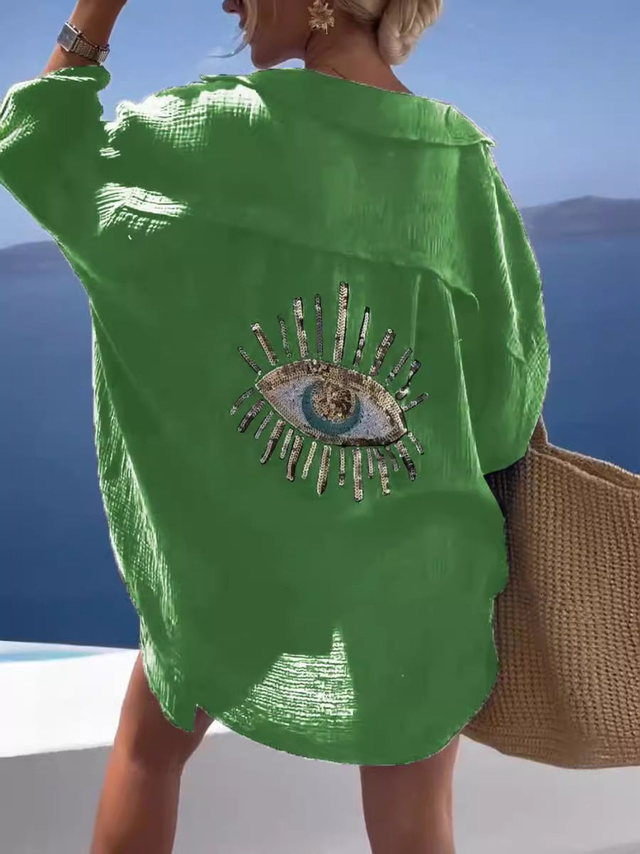 Γυναικείο μοντέλο Casual βαμβάκι-Linen μείγμα μακρύ μανίκι πουκάμιση