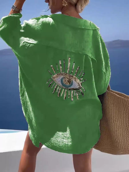 Γυναικείο μοντέλο Casual βαμβάκι-Linen μείγμα μακρύ μανίκι πουκάμιση