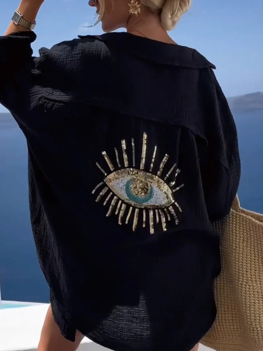 Γυναικείο μοντέλο Casual βαμβάκι-Linen μείγμα μακρύ μανίκι πουκάμιση