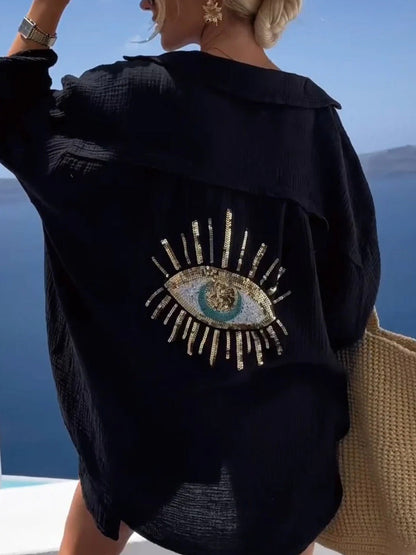 Γυναικείο μοντέλο Casual βαμβάκι-Linen μείγμα μακρύ μανίκι πουκάμιση