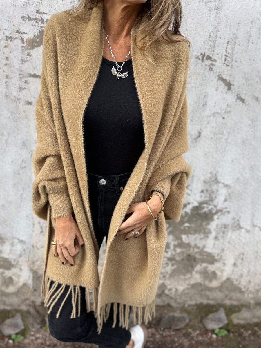 Γυναικεία μοντέρνα περιστασιακό πλεκτό Faux γούνα Fringe Shawl Cardigan