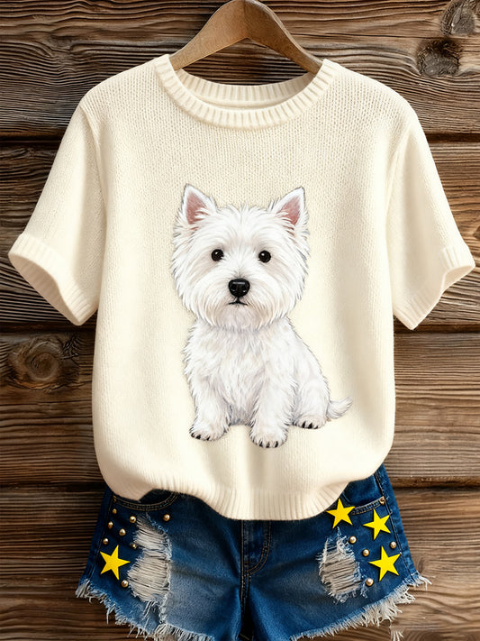 Γυναικείο καλλιτεχνικό ζώο εκτύπωση άνετο πλεκτό κοντό μανίκι κορυφού