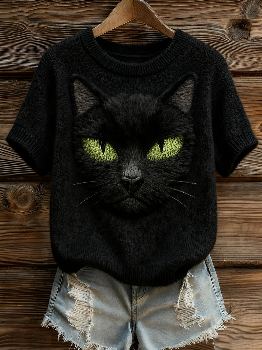 Γυναικείο καλλιτεχνικό ζώο εκτύπωση άνετο πλεκτό κοντό μανίκι κορυφού