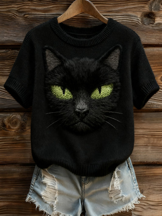 Γυναικείο καλλιτεχνικό ζώο εκτύπωση άνετο πλεκτό κοντό μανίκι κορυφού