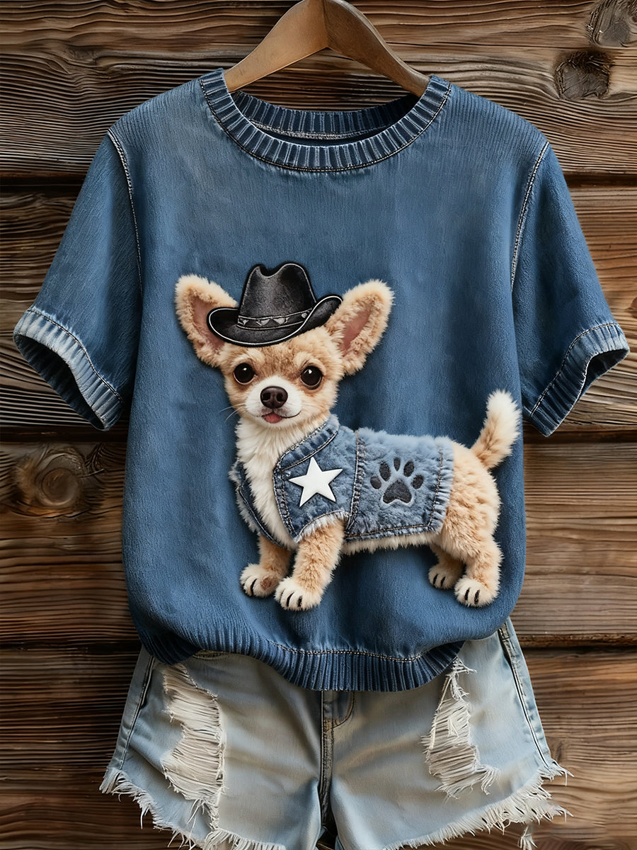 Γυναικείο καλλιτεχνικό ζώο εκτύπωση άνετο πλεκτό κοντό μανίκι κορυφού