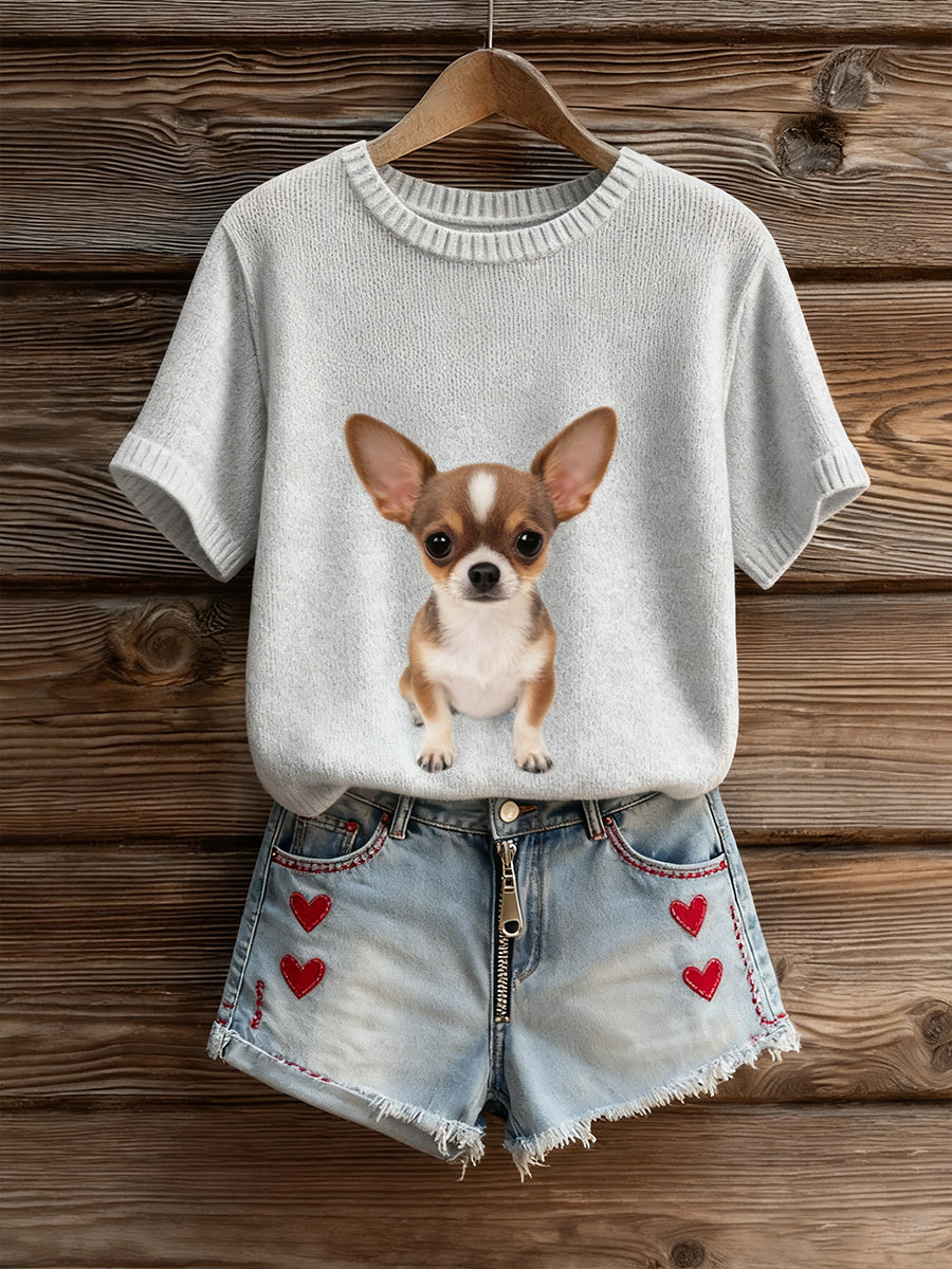 Γυναικείο καλλιτεχνικό ζώο εκτύπωση άνετο πλεκτό κοντό μανίκι κορυφού