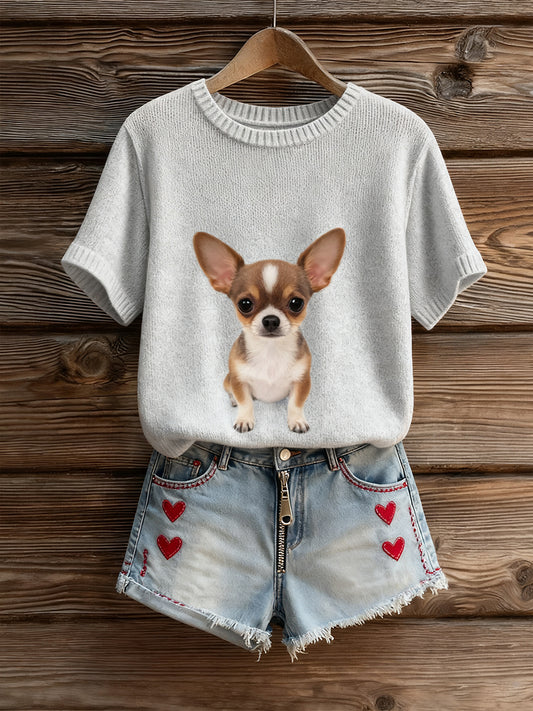 Γυναικείο καλλιτεχνικό ζώο εκτύπωση άνετο πλεκτό κοντό μανίκι κορυφού