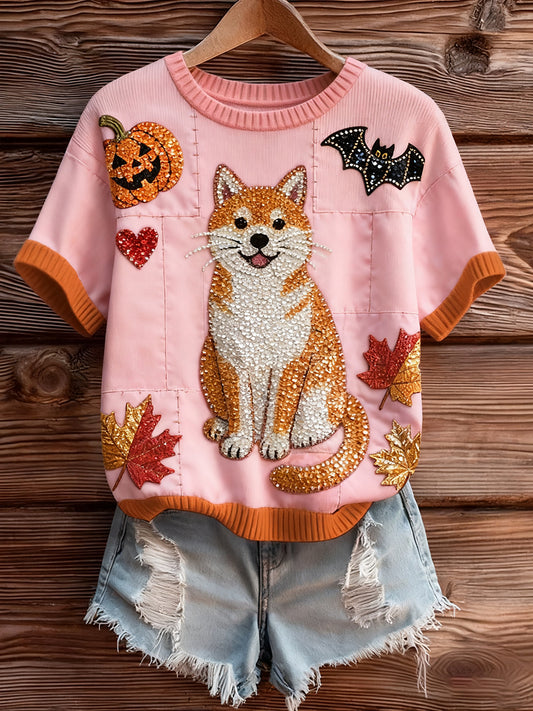 Γυναικείο καλλιτεχνικό ζώο εκτύπωση άνετο πλεκτό κοντό μανίκι κορυφού