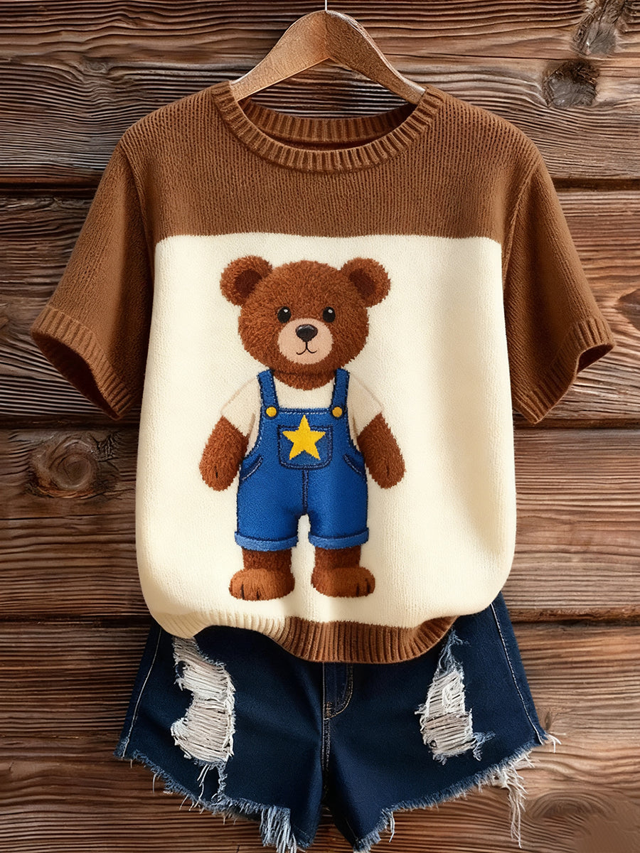 Γυναικείο καλλιτεχνικό ζώο εκτύπωση άνετο πλεκτό κοντό μανίκι κορυφού