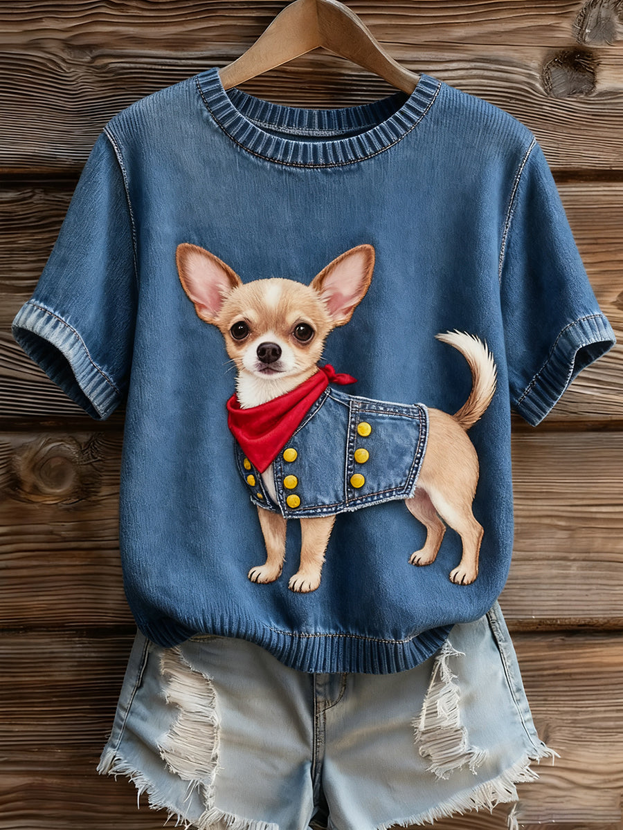 Γυναικείο καλλιτεχνικό ζώο εκτύπωση άνετο πλεκτό κοντό μανίκι κορυφού