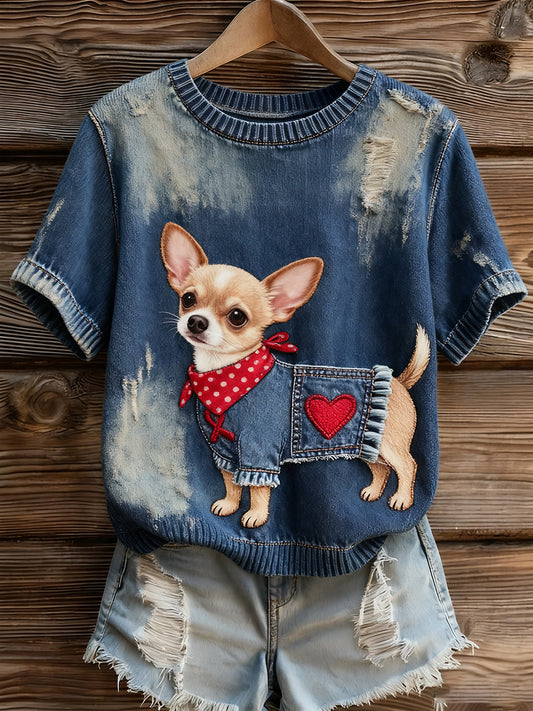 Γυναικείο καλλιτεχνικό ζώο εκτύπωση άνετο πλεκτό κοντό μανίκι κορυφού