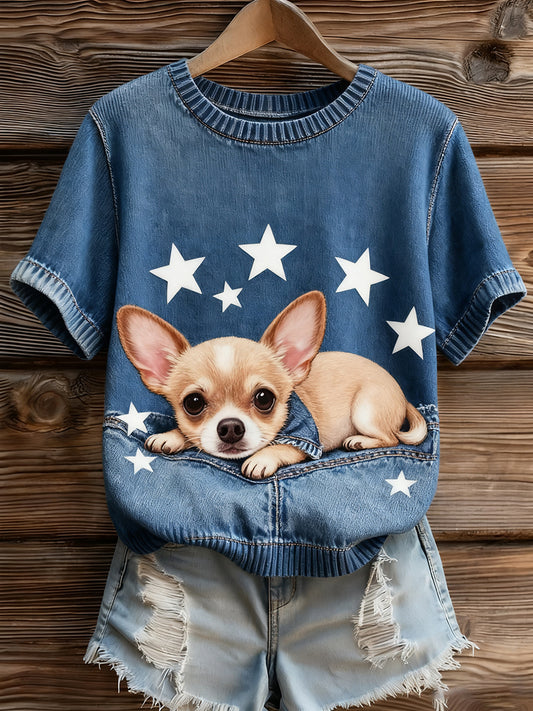 Γυναικείο καλλιτεχνικό ζώο εκτύπωση άνετο πλεκτό κοντό μανίκι κορυφού