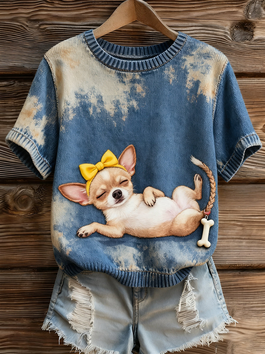 Γυναικείο καλλιτεχνικό ζώο εκτύπωση άνετο πλεκτό κοντό μανίκι κορυφού