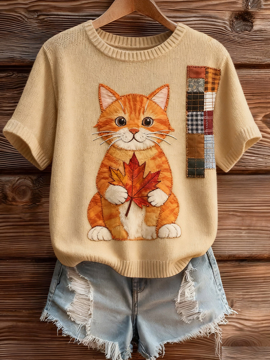 Γυναικείο καλλιτεχνικό ζώο εκτύπωση άνετο πλεκτό κοντό μανίκι κορυφού