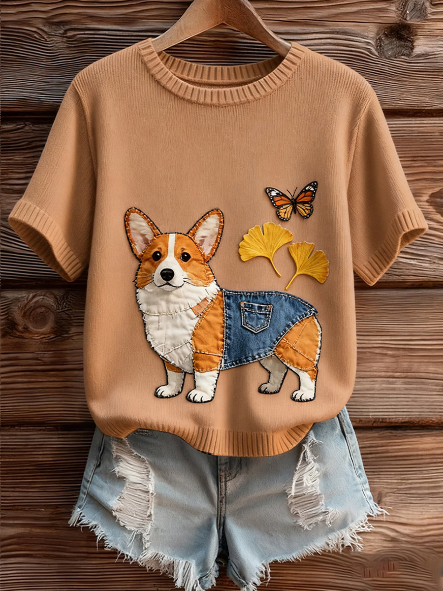 Γυναικείο καλλιτεχνικό ζώο εκτύπωση άνετο πλεκτό κοντό μανίκι κορυφού