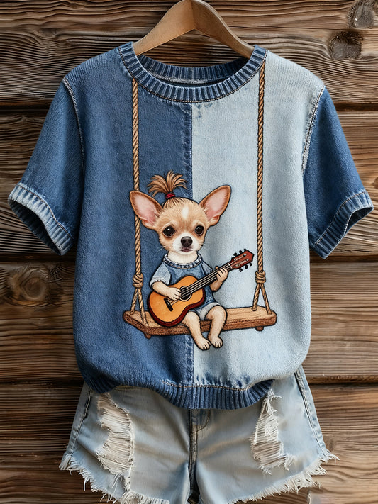 Γυναικείο καλλιτεχνικό ζώο εκτύπωση άνετο πλεκτό κοντό μανίκι κορυφού