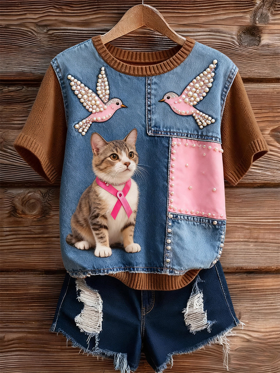 Γυναικείο καλλιτεχνικό ζώο εκτύπωση άνετο πλεκτό κοντό μανίκι κορυφού