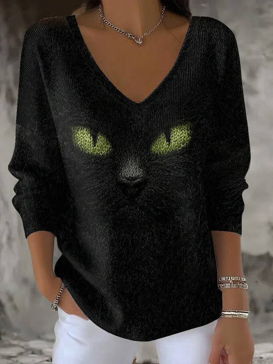 Γυναικείο Vintage μαύρη γάτα άνεση περιστασιακό κορυφαίο