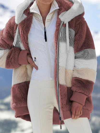 Γυναικείο ζεστό ζεστό φερμουάρ τσέπης κουκούλα χαλαρά σακάκι.