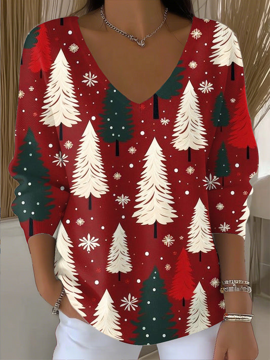 Γυναικείο Χριστουγεννιάτικο δέντρο κόκκινη τέχνη V-Neck top.