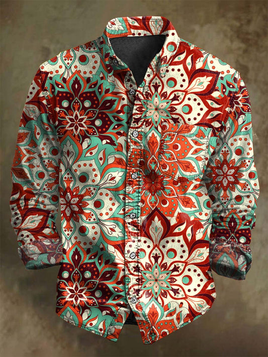 Retro Mandala Floral Εκτύπωση Casual μακριά μανίκι πουκάμισα