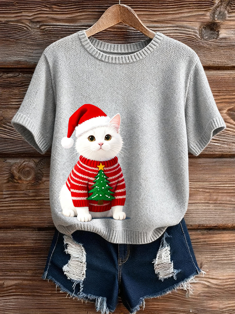 Γυναικείο Vintage Art ζώο Εκτύπωση Άνετο πλέξιμο πουλόβερ Κοντομάνικο