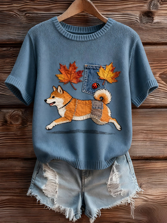 Γυναικείο Vintage Art ζώο Εκτύπωση Άνετο πλέξιμο πουλόβερ Κοντομάνικο