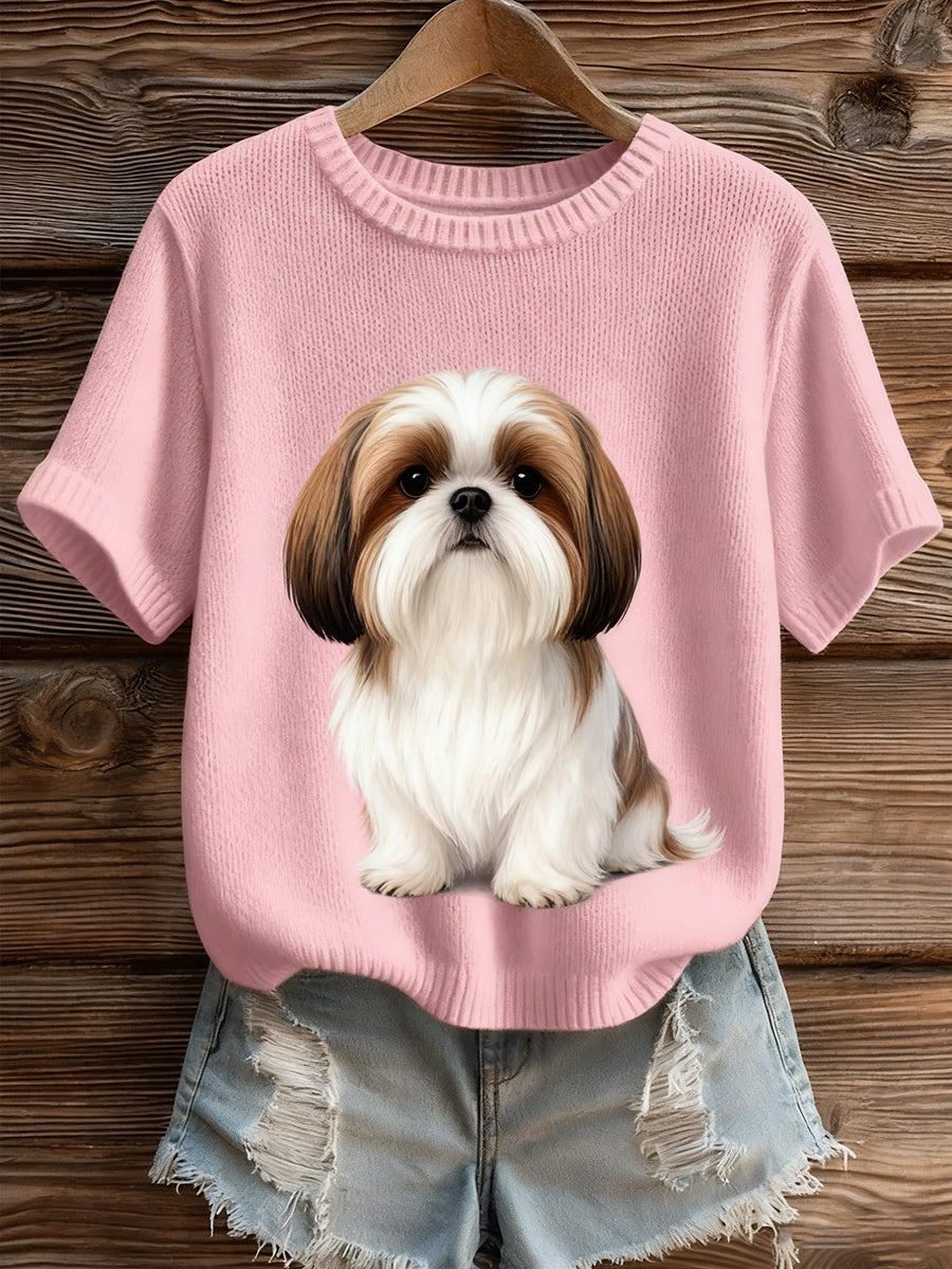 Γυναικείο καλλιτεχνικό ζώο εκτύπωση άνετο πλεκτό κοντό μανίκι κορυφού