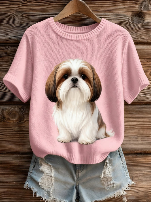 Γυναικείο καλλιτεχνικό ζώο εκτύπωση άνετο πλεκτό κοντό μανίκι κορυφού