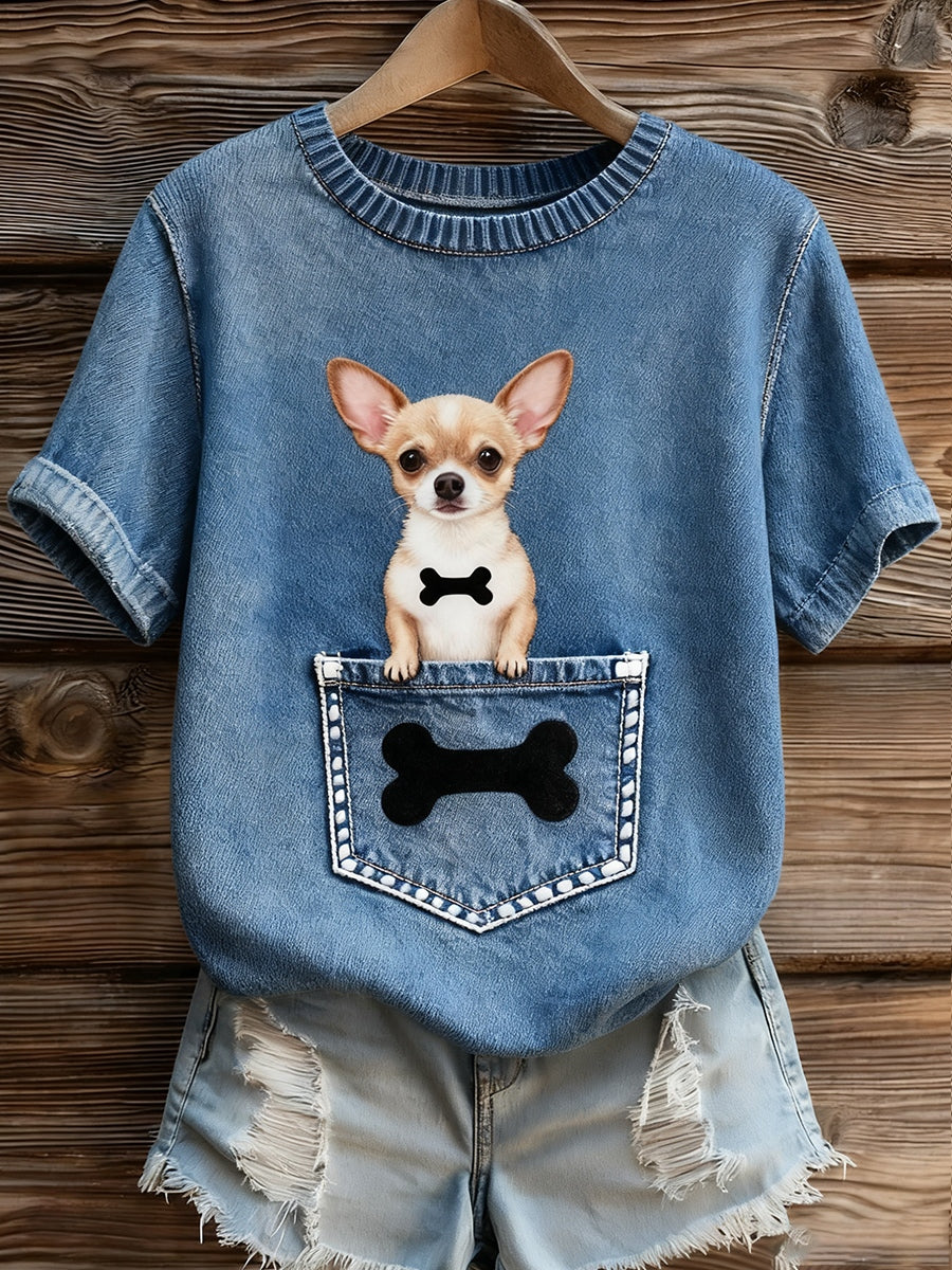 Γυναικείο καλλιτεχνικό ζώο εκτύπωση άνετο πλεκτό κοντό μανίκι κορυφού