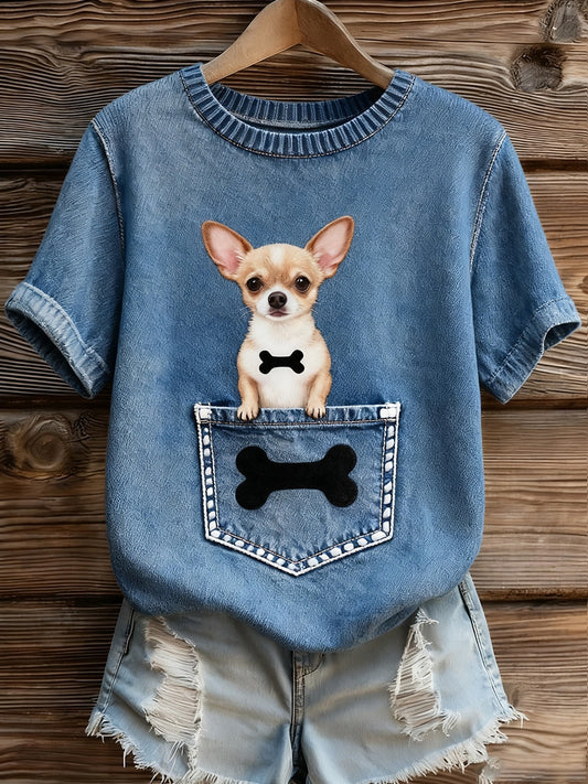 Γυναικείο καλλιτεχνικό ζώο εκτύπωση άνετο πλεκτό κοντό μανίκι κορυφού